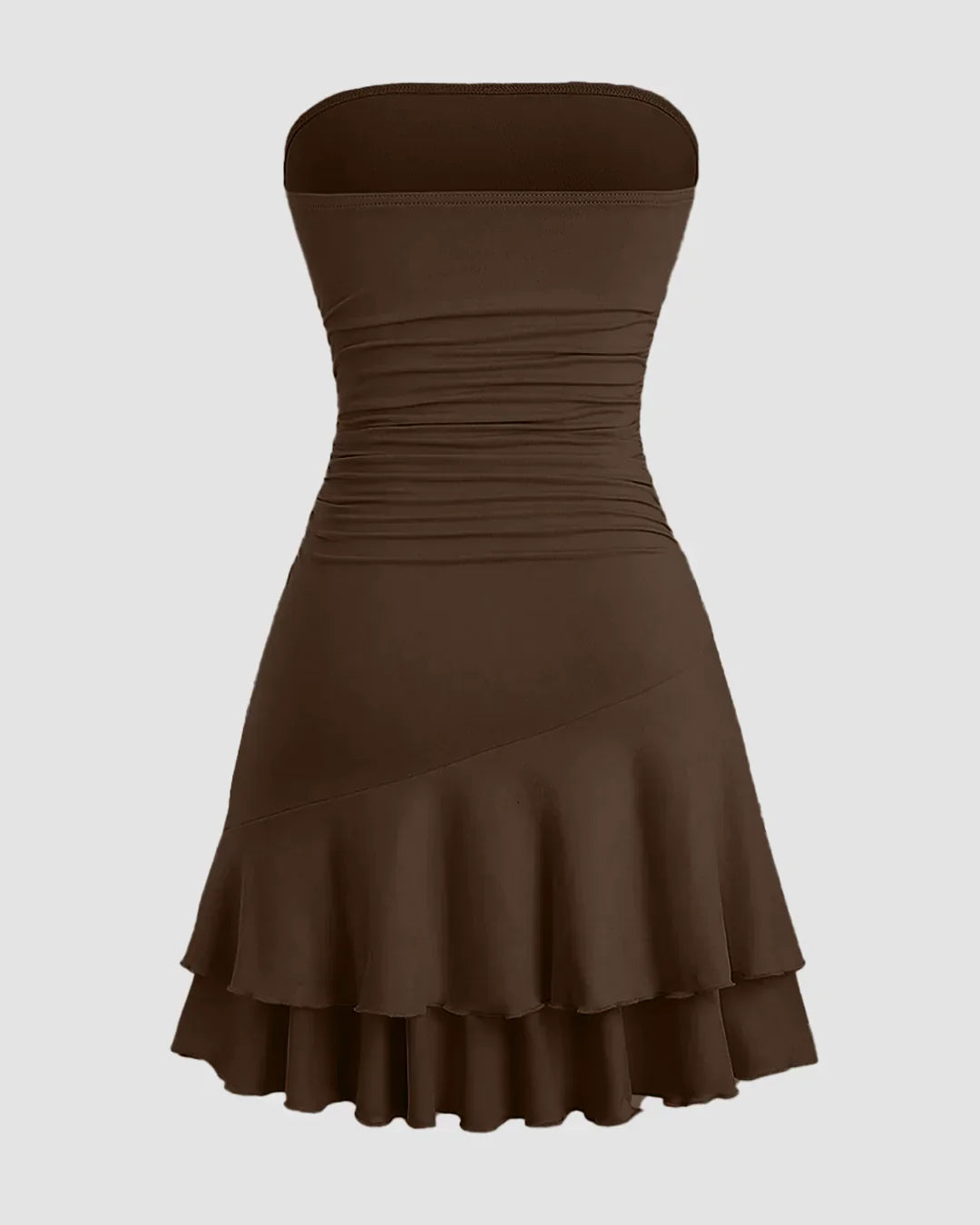Strapless Ruched Layered Mini Dress in Brown