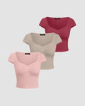 Sweetheart Neck Ruched Crop Top 3-Pack In Ruby Red, Rose Pink and Beige