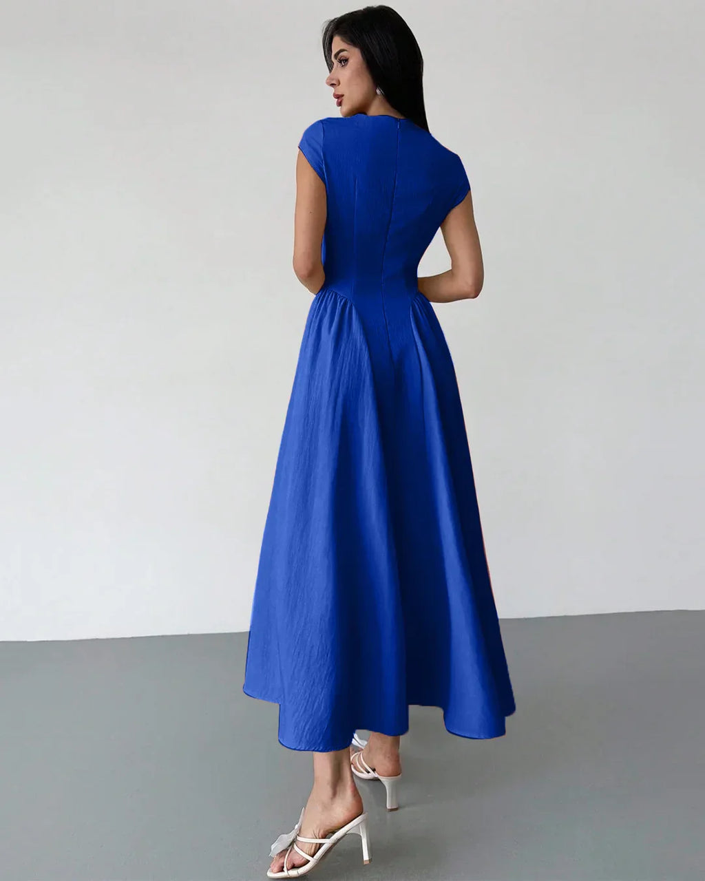Boat Neck Flared Hem Midi Dress in Blue
