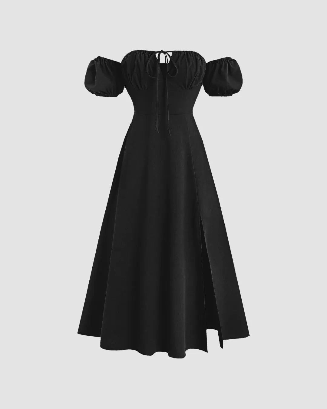 Off-Shoulder Puff Sleeve Solid Color Cinched Maxi Dress In Black