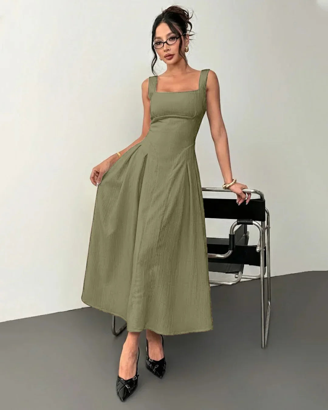 Herbal Square Neck Sleeveless A-Line Midi Dress