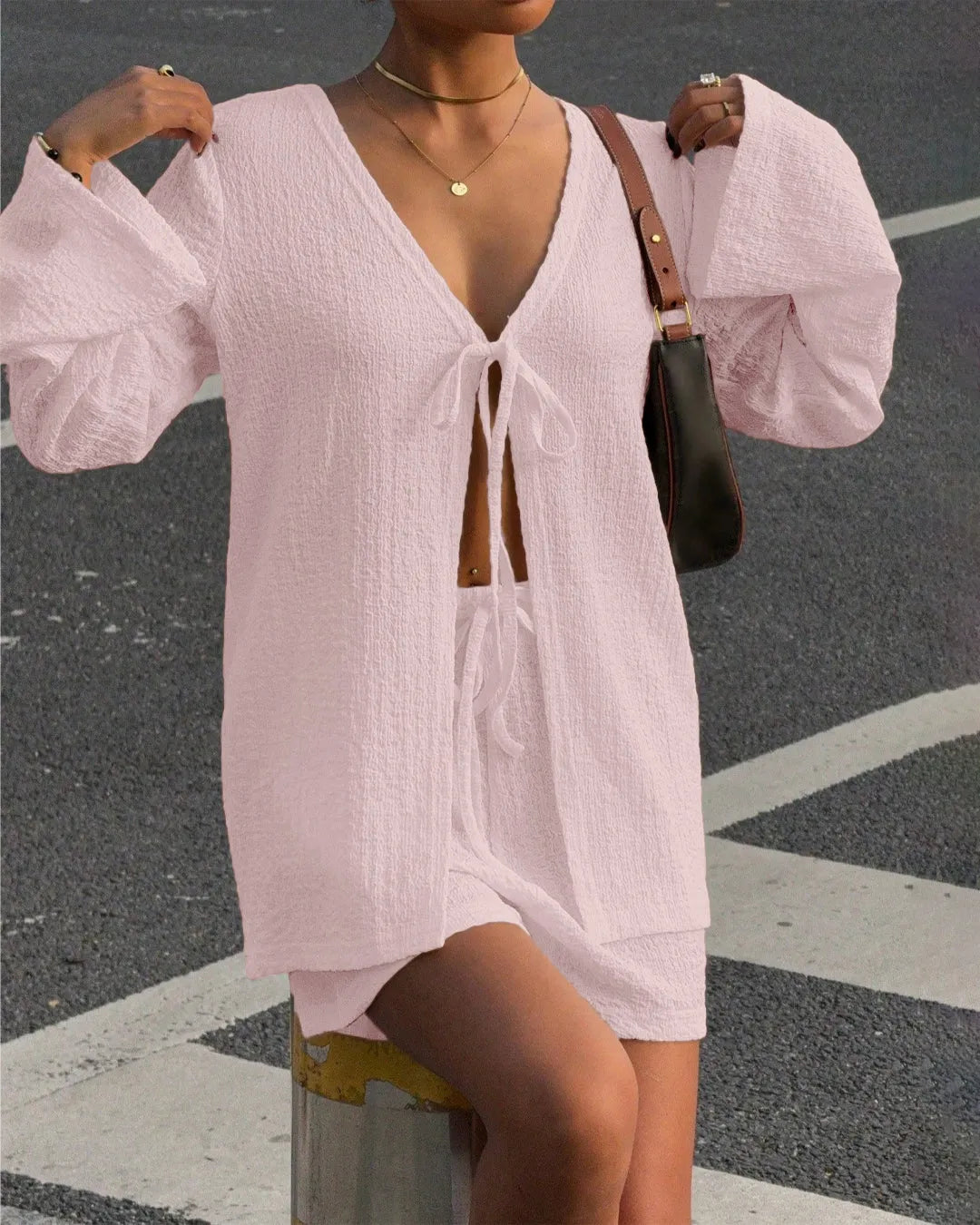 Textured V-Neck Tie Front Long Sleeve Top and Shorts Set in Pink