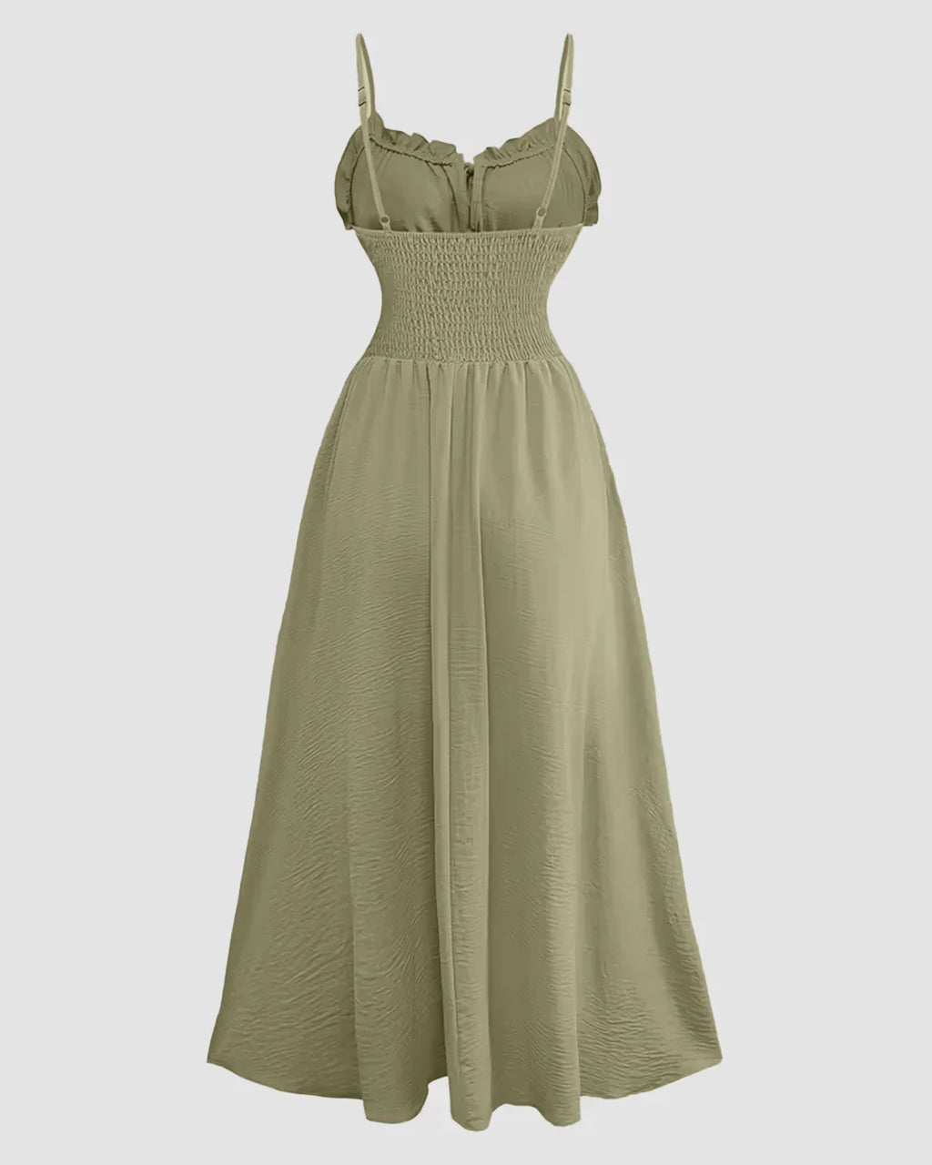 Spaghetti Strap Ruched Bust A-Line Maxi Dress in Herbal