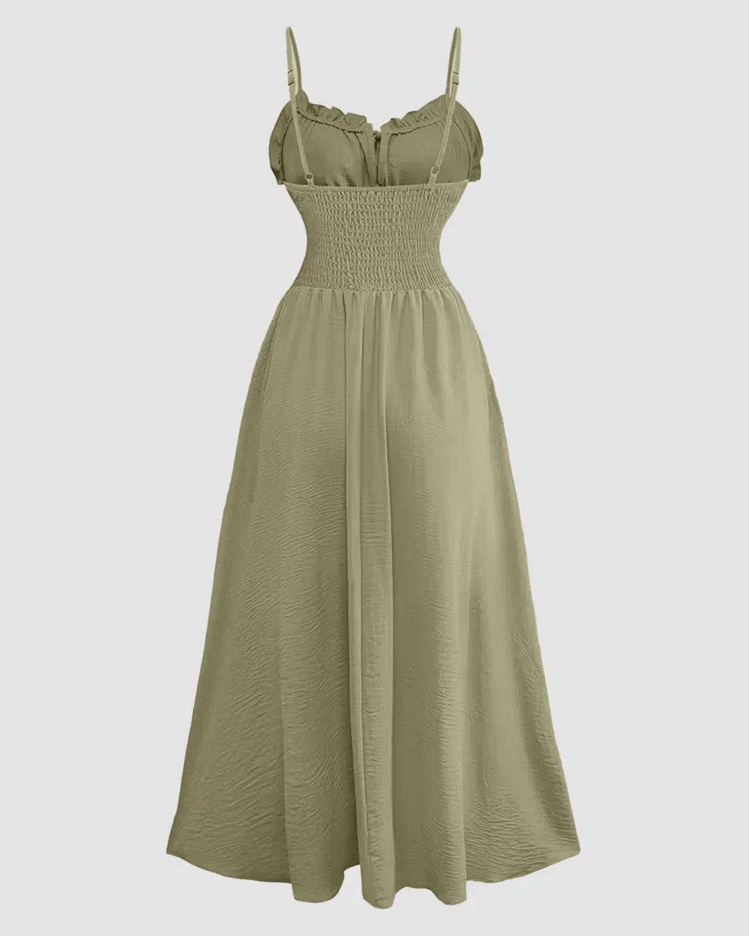 Spaghetti Strap Ruched Bust A-Line Maxi Dress in Herbal
