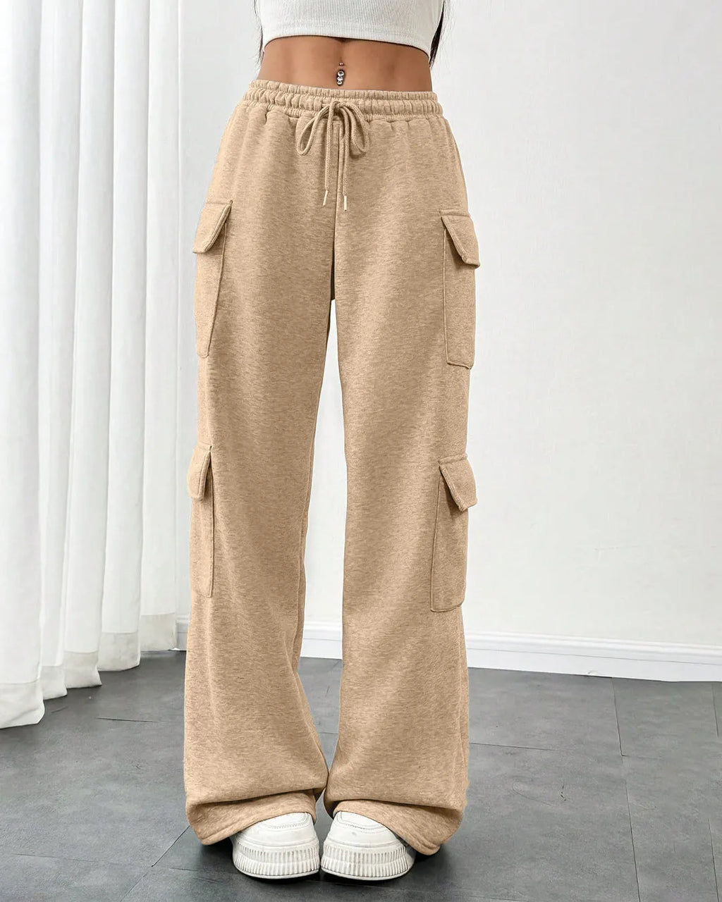 Minimal Brown Women's Cargo Trousers With Side Pockets and Drawstring Waist