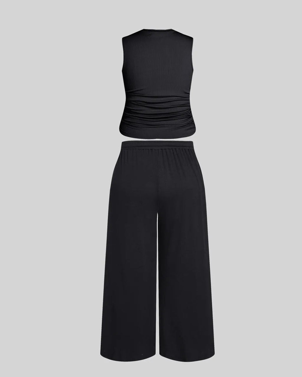 Ruched Tank Top And Elastic Waist Tie Black Set Curve & Plus