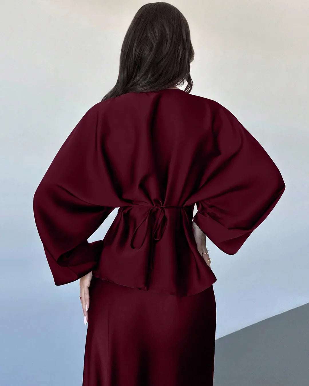 Maroon Long Sleeve Draped Top & Fitted Skirt Co-ords Set