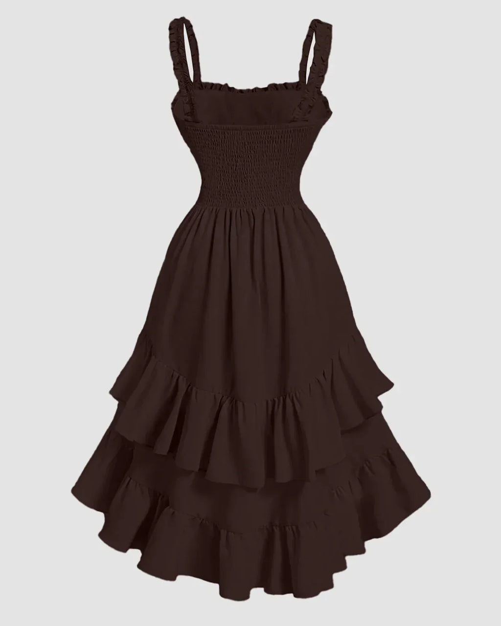 Chocolate Fondae Ruched Square Neck Ruffle High-Low Midi Dress with Ruffle Hem