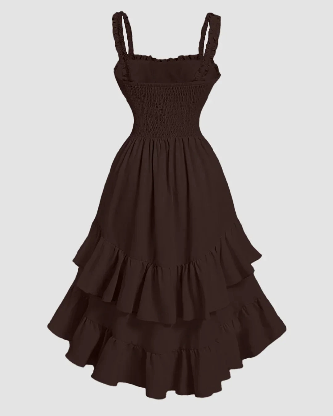 Chocolate Fondae Ruched Square Neck Ruffle High-Low Midi Dress with Ruffle Hem