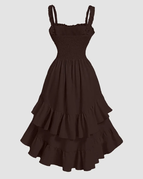 Chocolate Fondae Ruched Square Neck Ruffle High-Low Midi Dress with Ruffle Hem