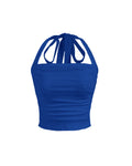 Strappy Back Ruched Halter Neck Crop Top in Surf Blue