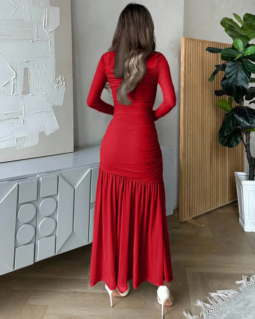 Ruched Full Sleeve Bodycon Midi Dress in Red