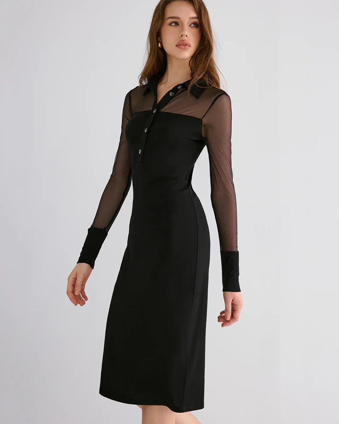 Black Sheer Panel Button-Down Midi Dress with Long Sleeves