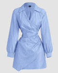 Blue Striped Wrap Front Collared Mini Dress