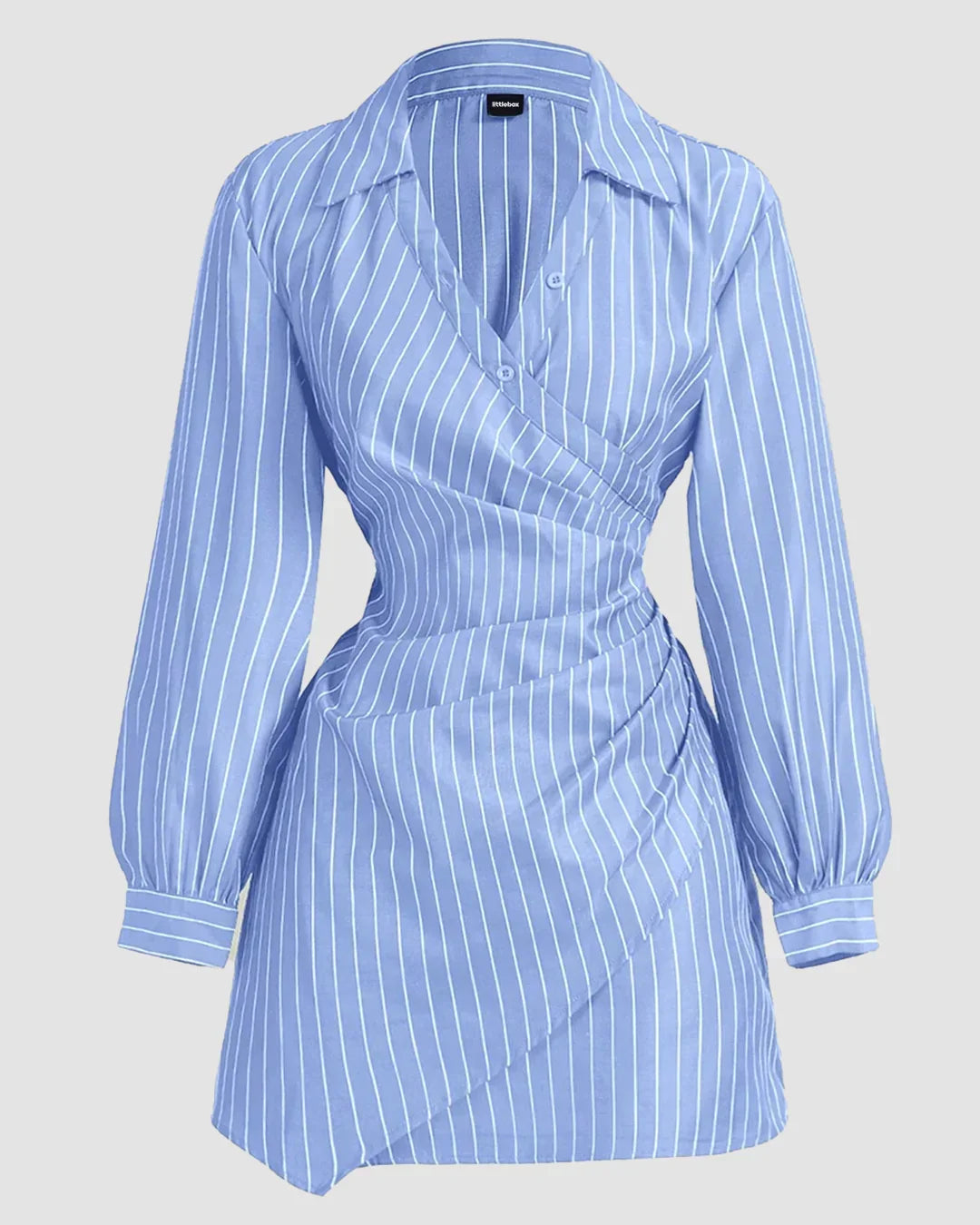 Blue Striped Wrap Front Collared Mini Dress