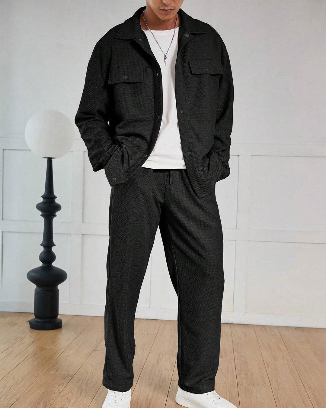 Men Waffle Texture Jacquard Shirt Set In Black