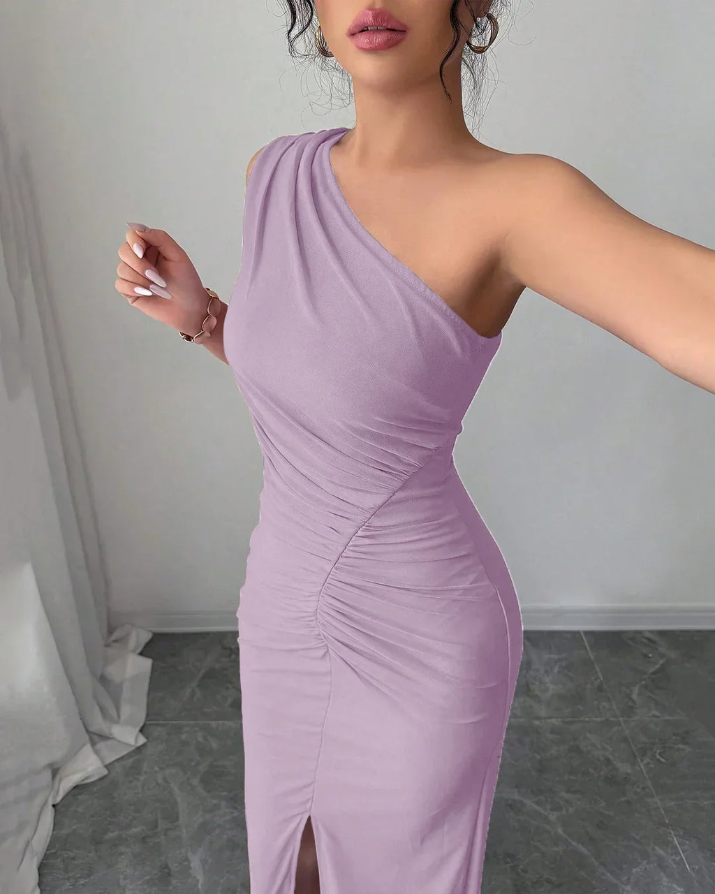 One-Shoulder Ruched Slit Maxi Dress in Lilac