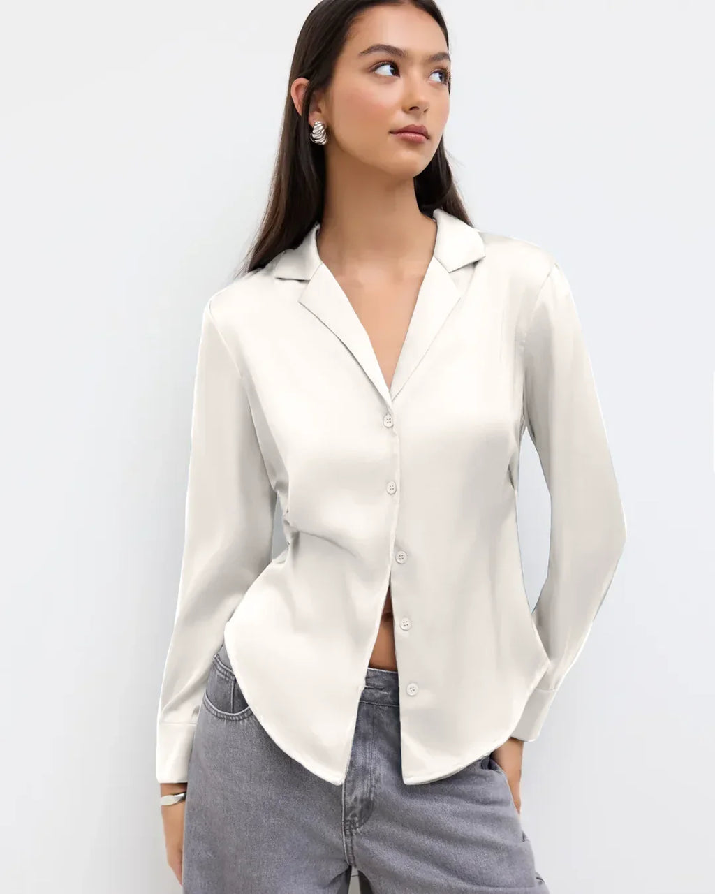 Satin Button Down Full Sleeve Shirt with Classic Collar in Cream
