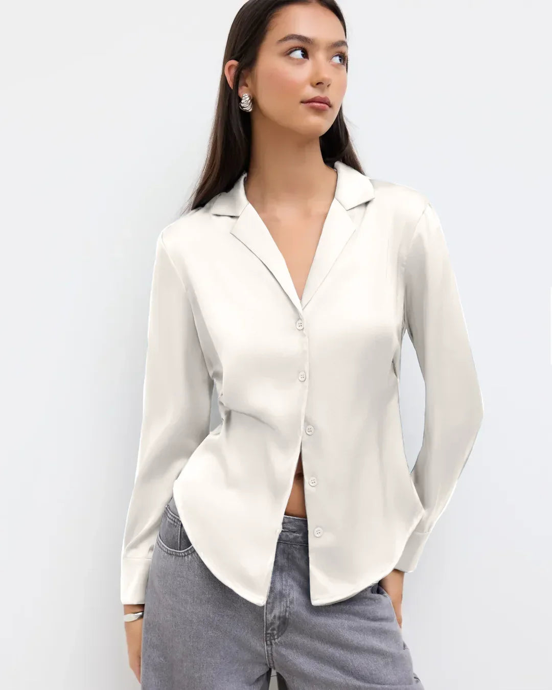 Satin Button Down Full Sleeve Shirt with Classic Collar in Cream