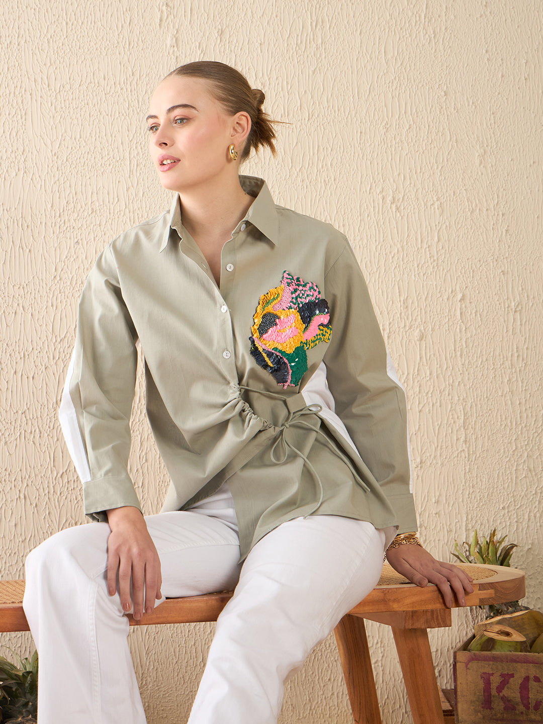 Side Tie-Up Cotton Shirt - Pinkkup