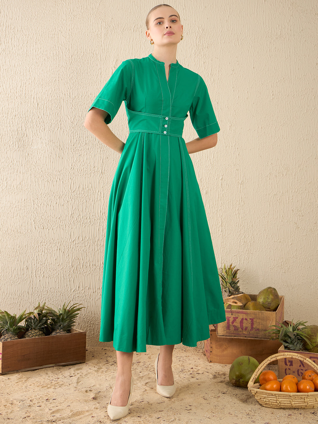 Corset Panelled Cotton Midi Dress - Pinkkup