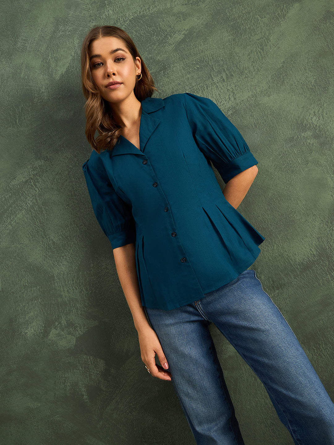 Puff Sleeve Pure Cotton Pleated Shirt - Pinkkup
