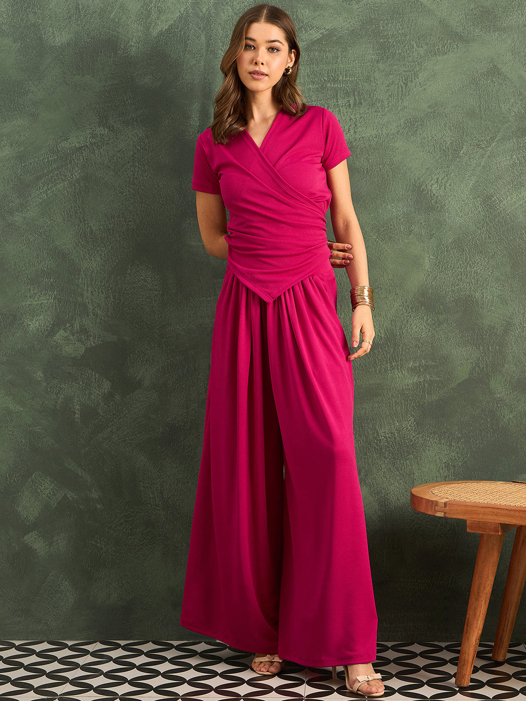 Stretchable Wrap Top & Flow Pants Co-Ord Set - Pinkkup