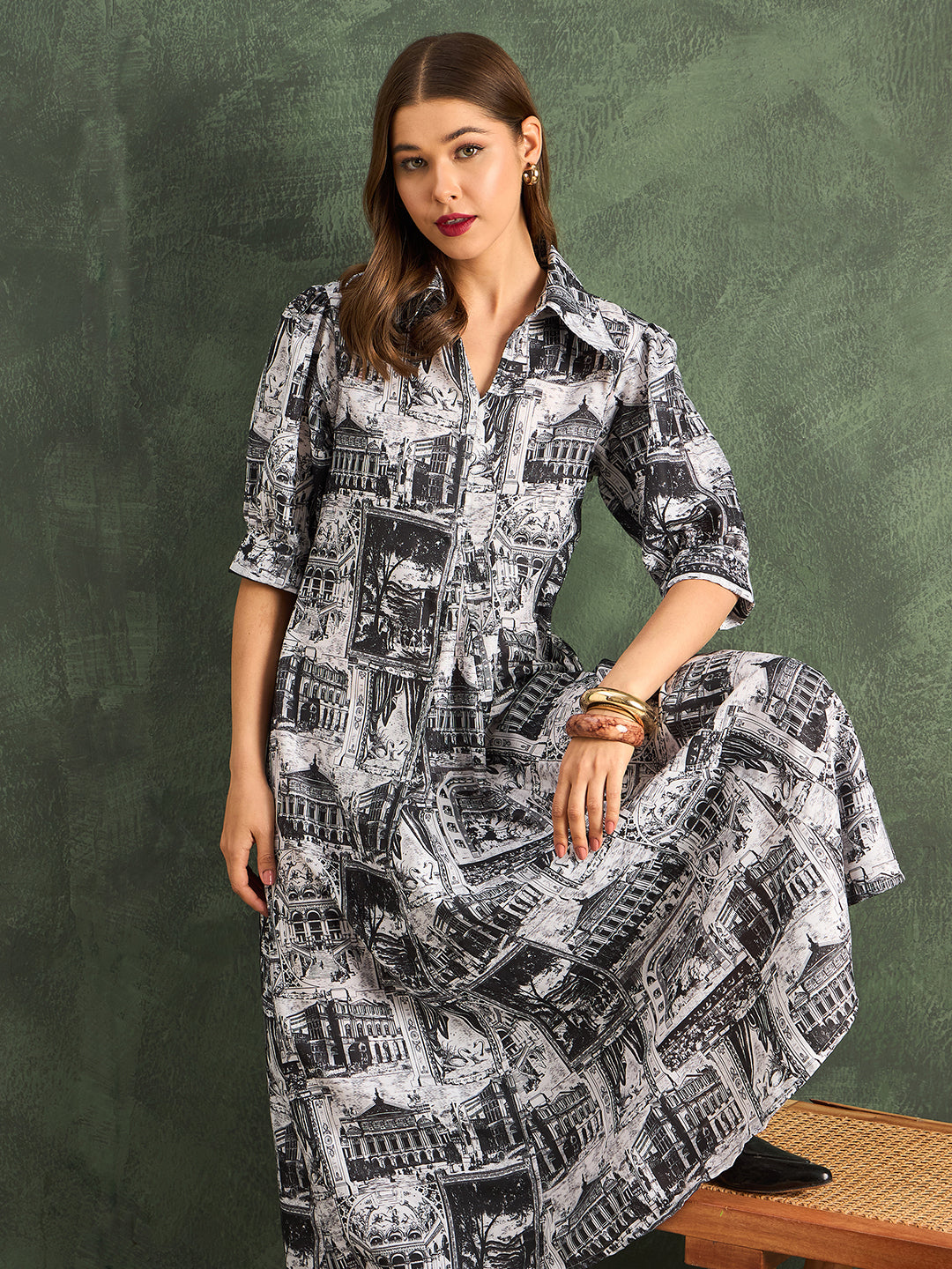 Front Pleated Pure Linen Midi Dress