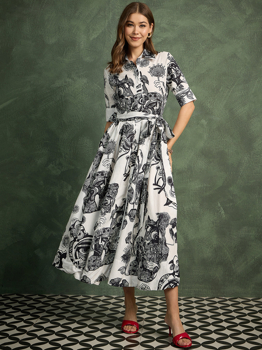 Pure Cotton Buttoned Down Shirt Dress With Belt