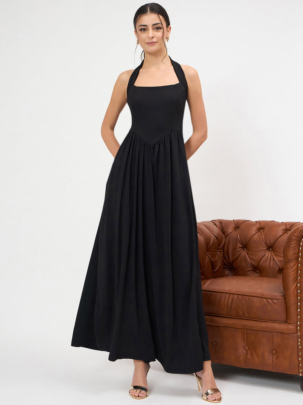 Stretchable Halter Neck Maxi Dress - Pinkkup