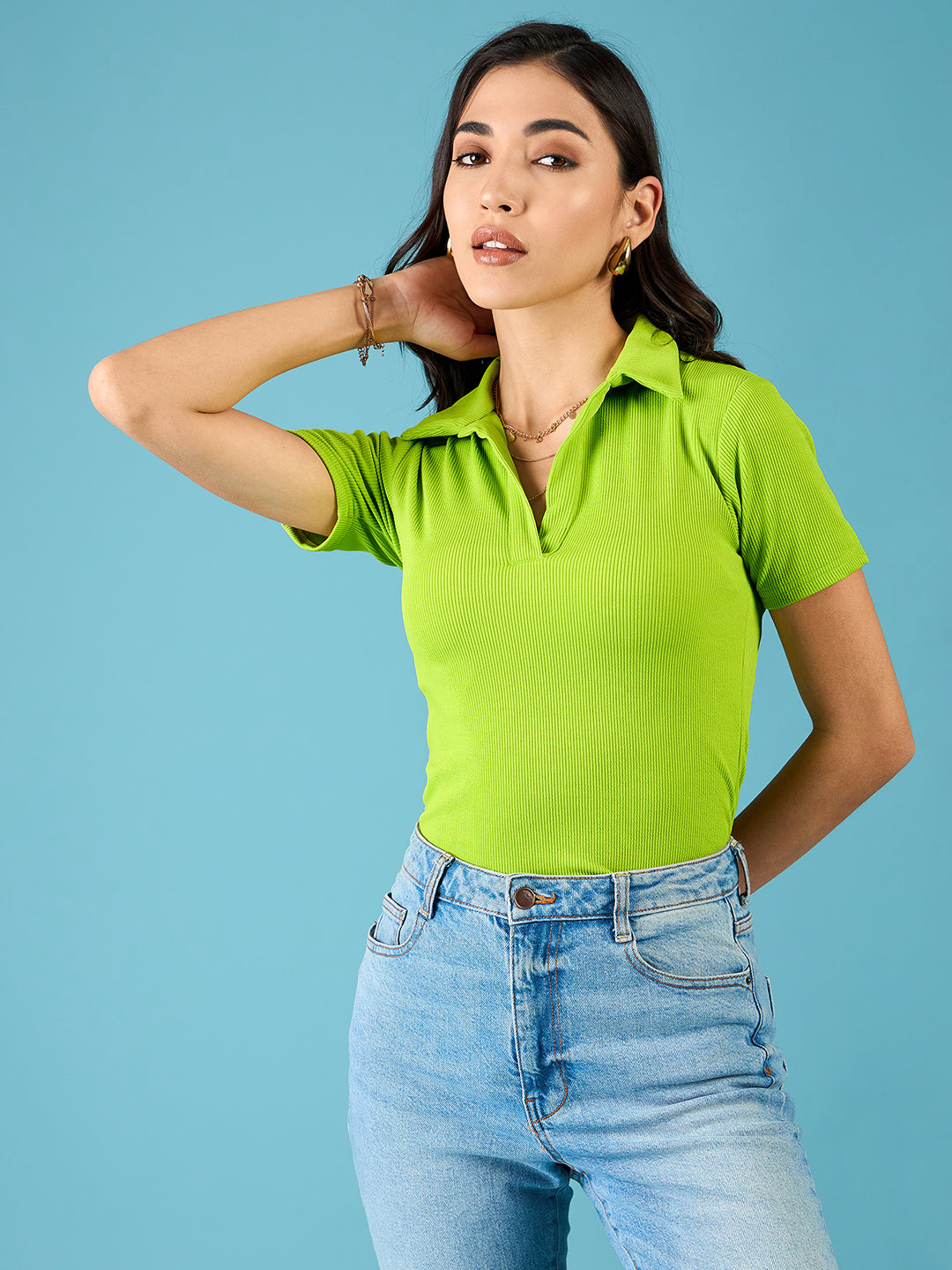 Stretchable Ribbed Polo Bodysuit - Pinkkup