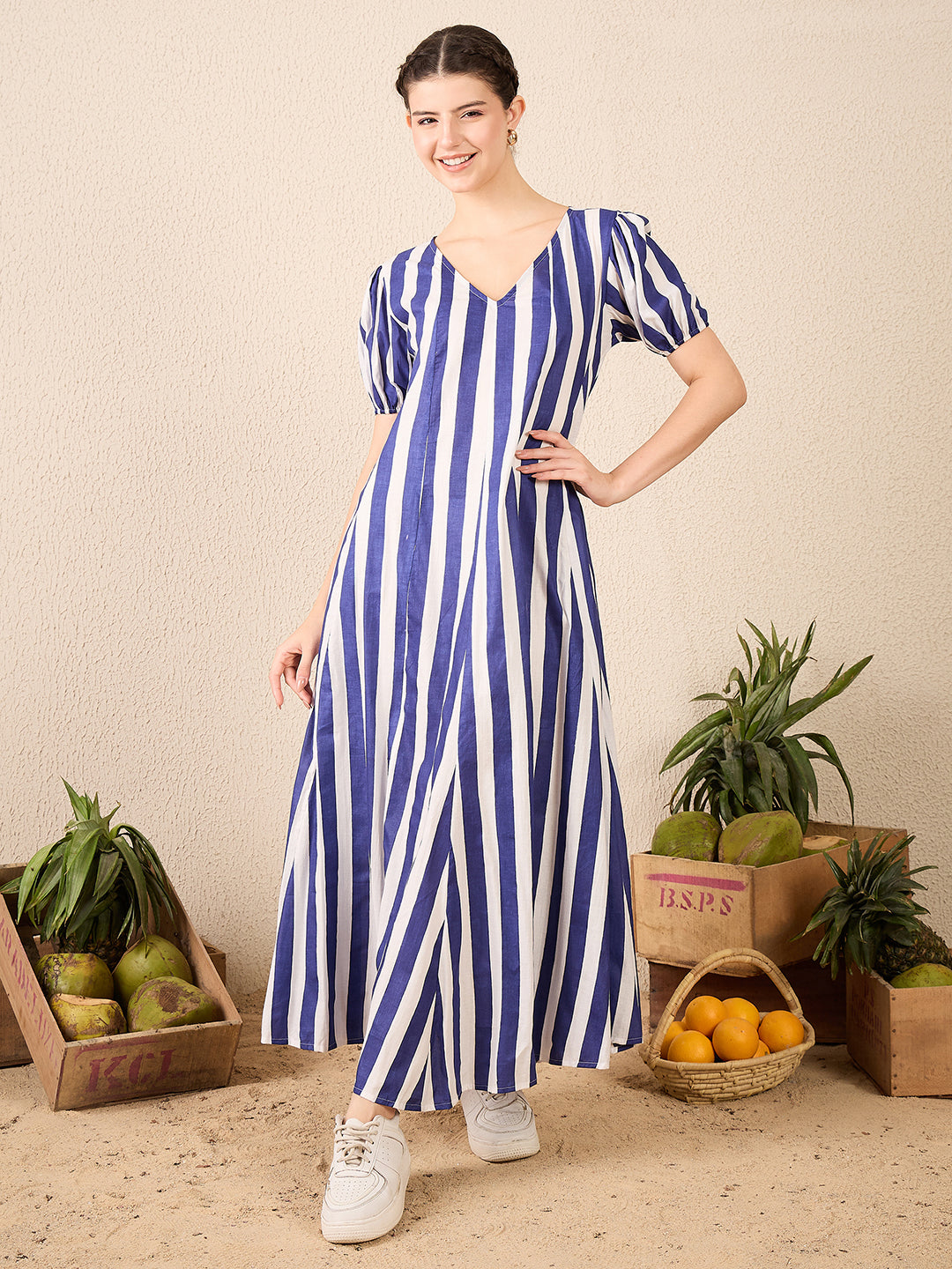 Puff Sleeve A-Line Pure Cotton Maxi Dress