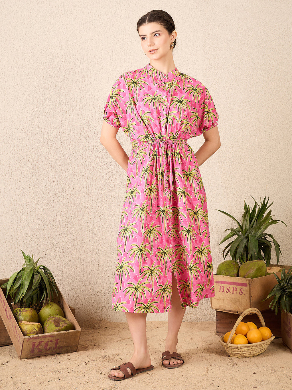 Cotton Side Waist Tie-Up Midi Dress - Pinkkup