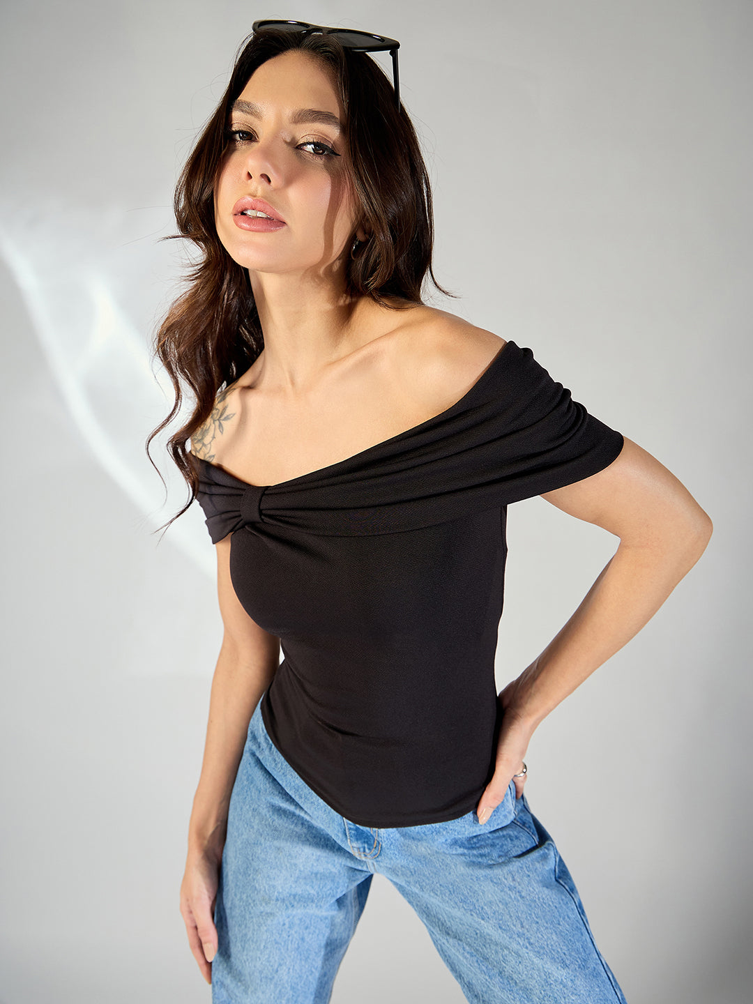 Stretchable Bow Bardot Top - Pinkkup