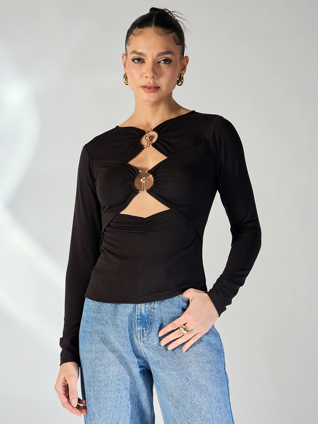 Stretchable Black and Golden Toned Cut-Out Top