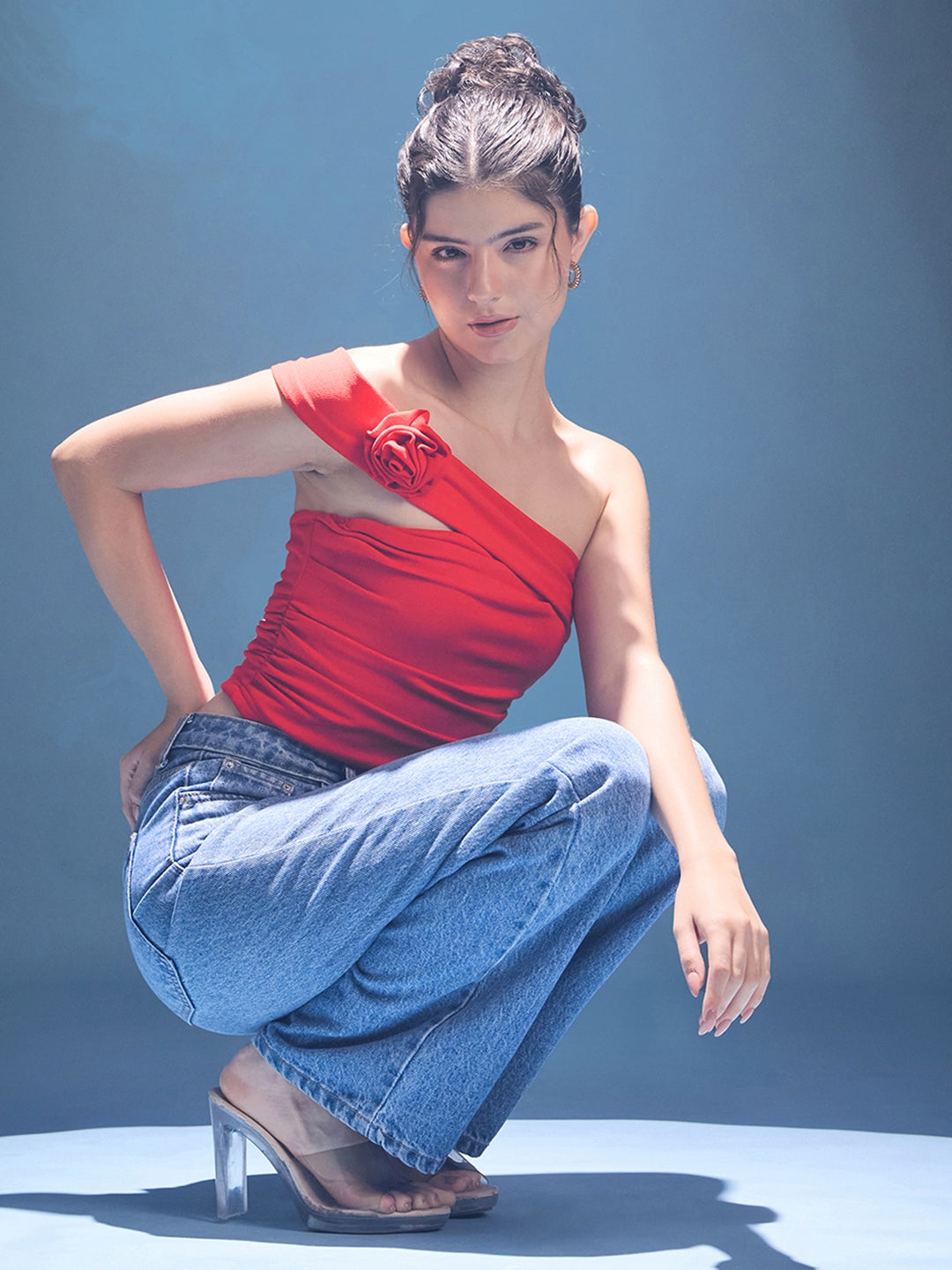 Stretchable One Shoulder Rose Top