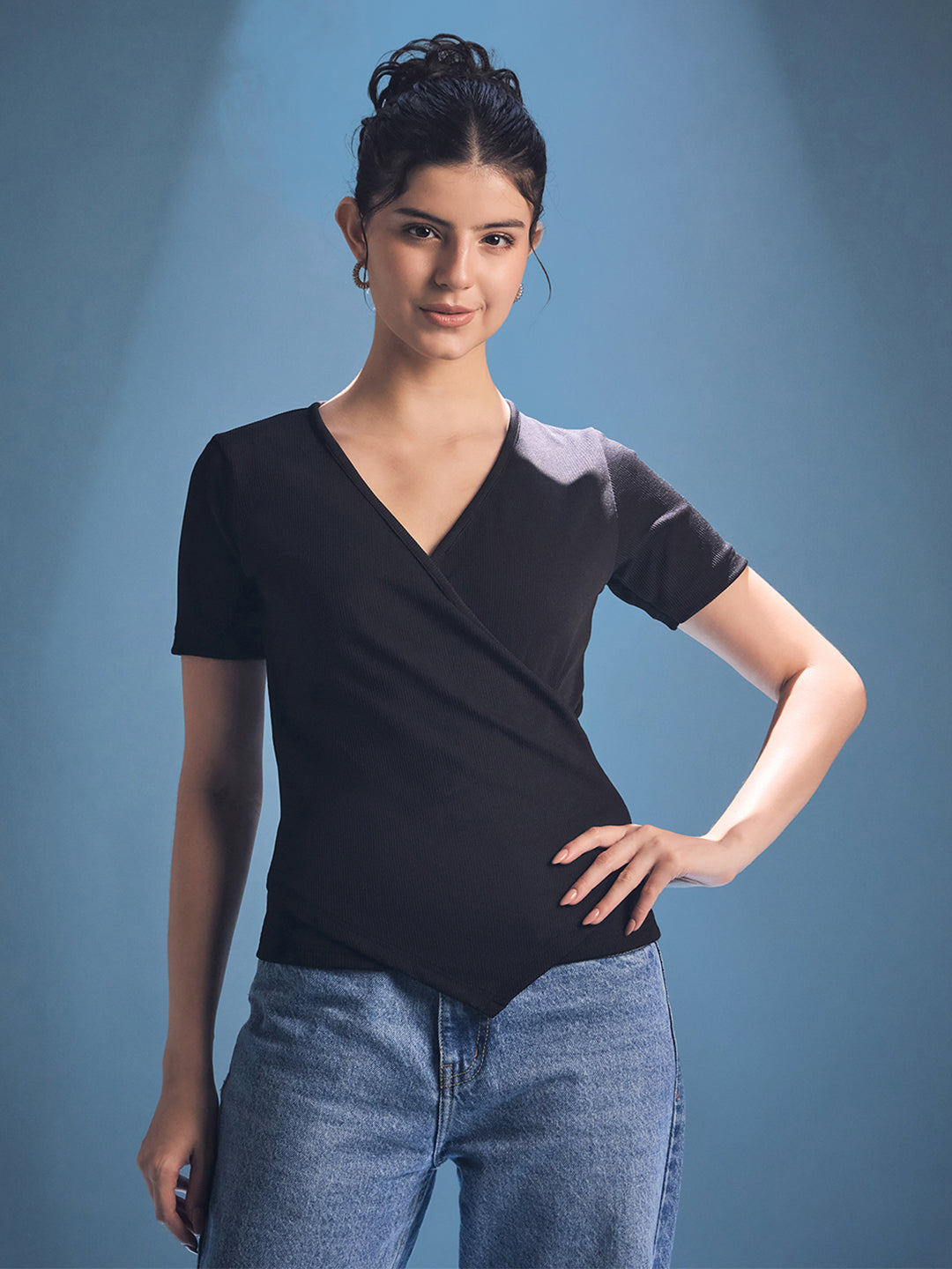 Stretchable Wrap Style Ribbed Top
