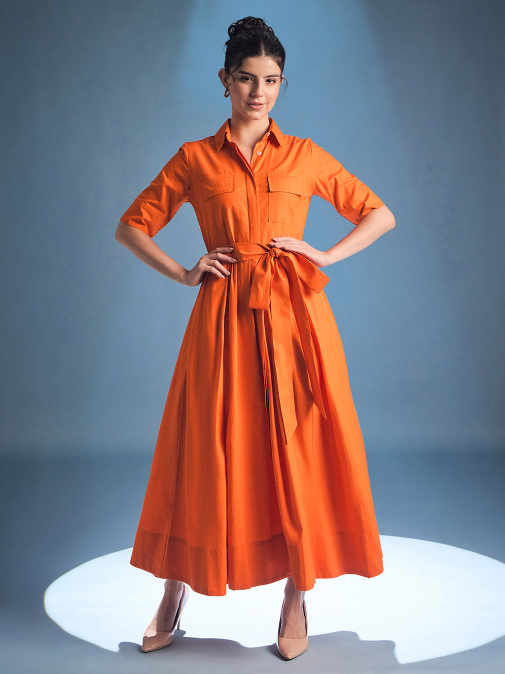 Pure Cotton Flared Shirt Dress With Belt