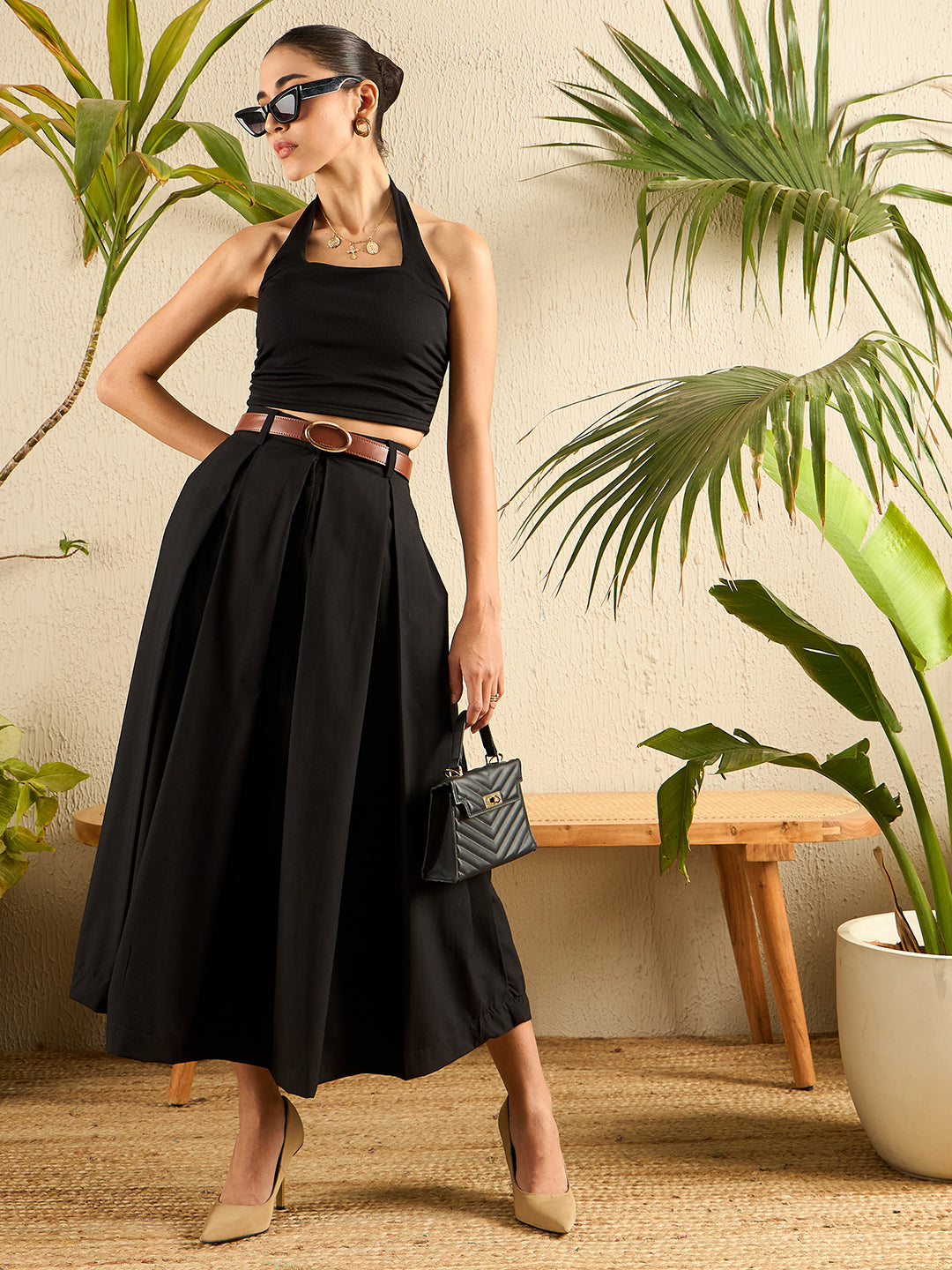 Box Pleated Linen Midi Skirt - Pinkkup