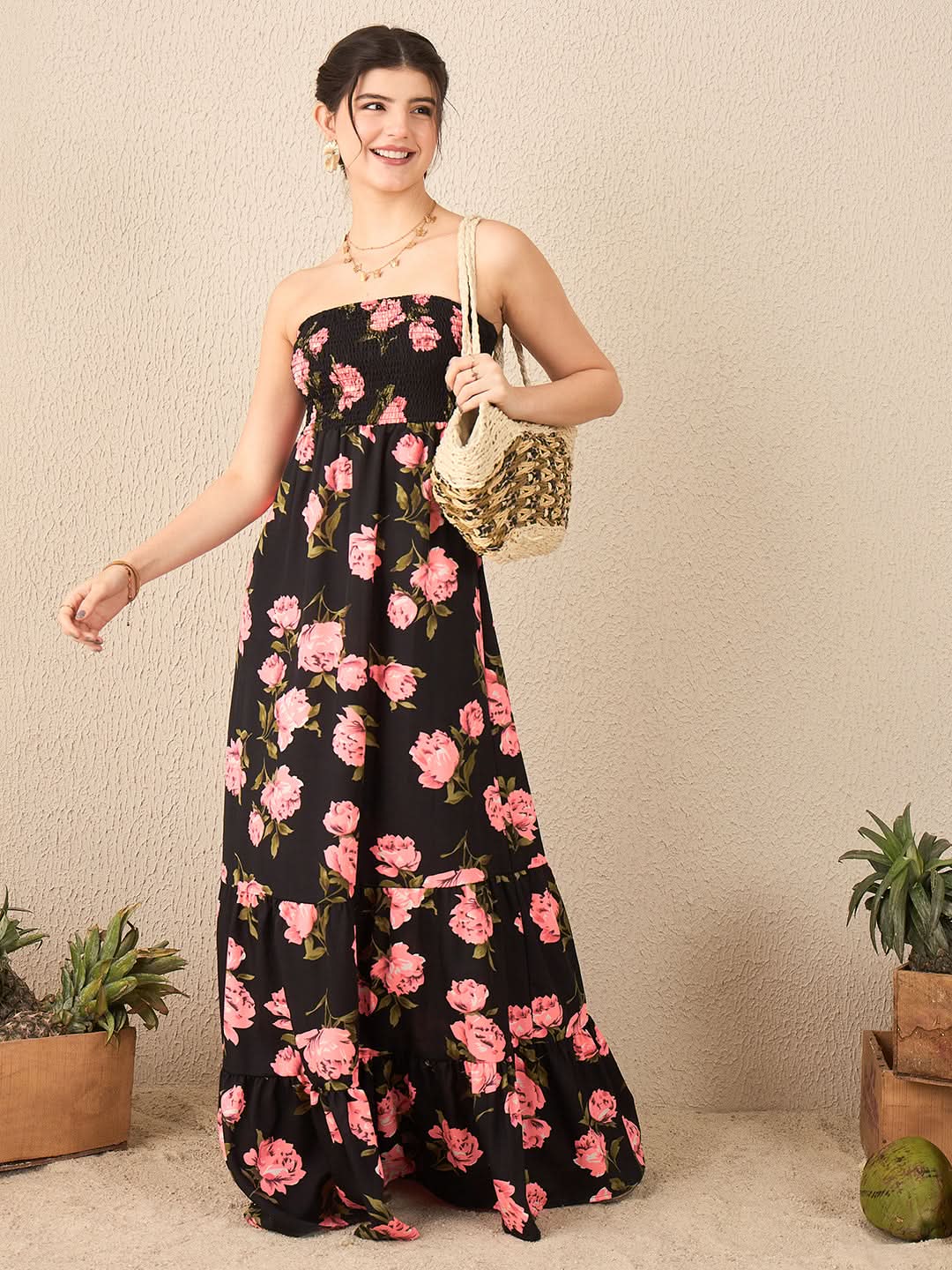 Strapless Smocked Maxi Dress - Pinkkup