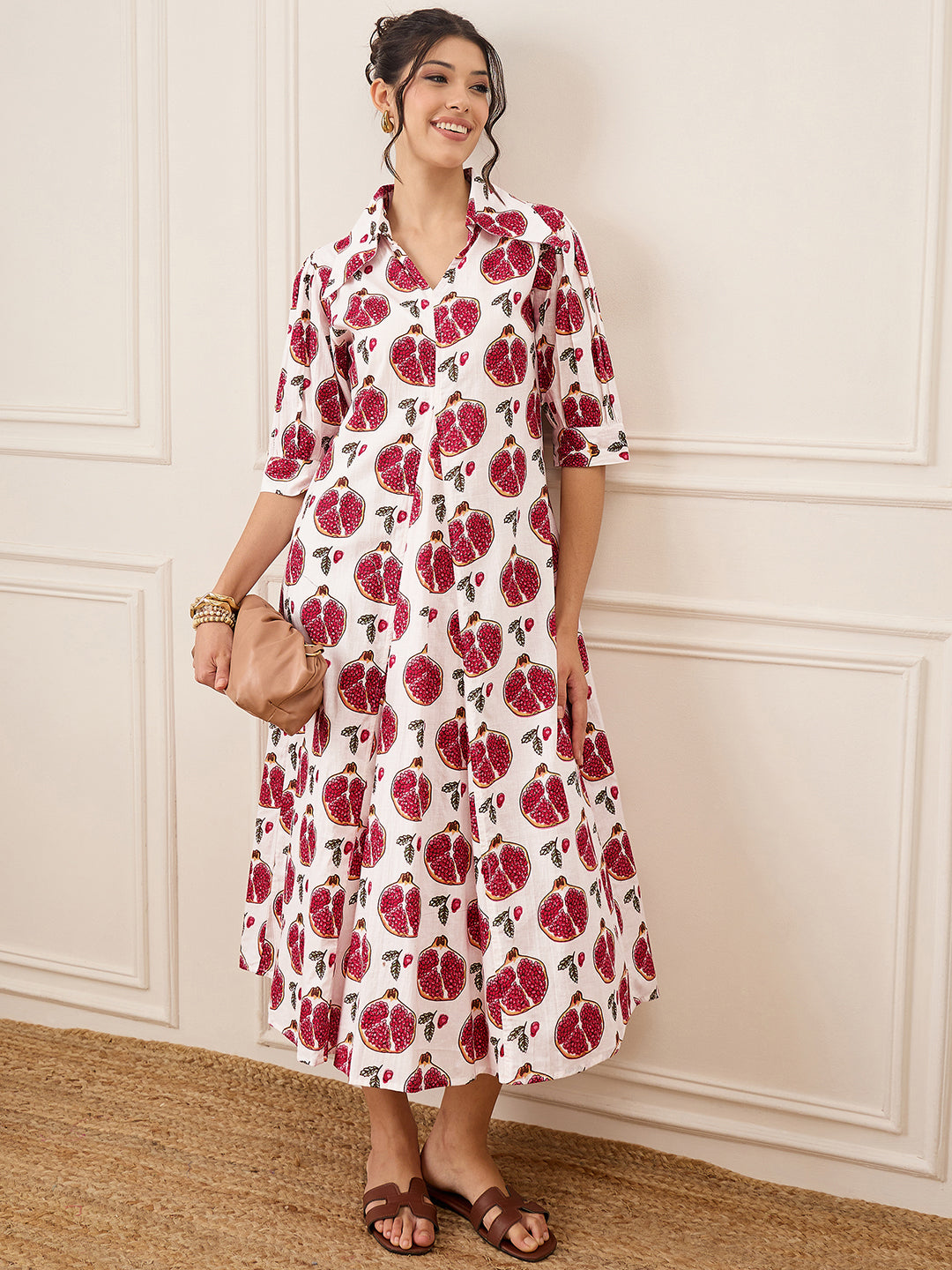 Front Pleated Cotton Midi Dress