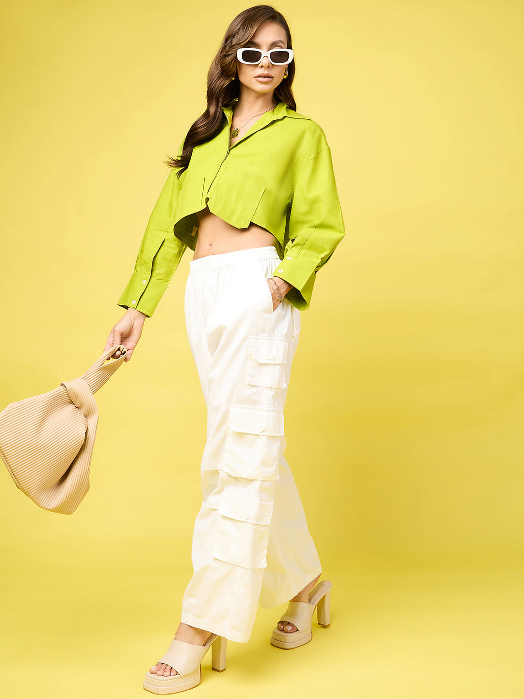 Cropped Cotton Shirt with Pocket - Pinkkup
