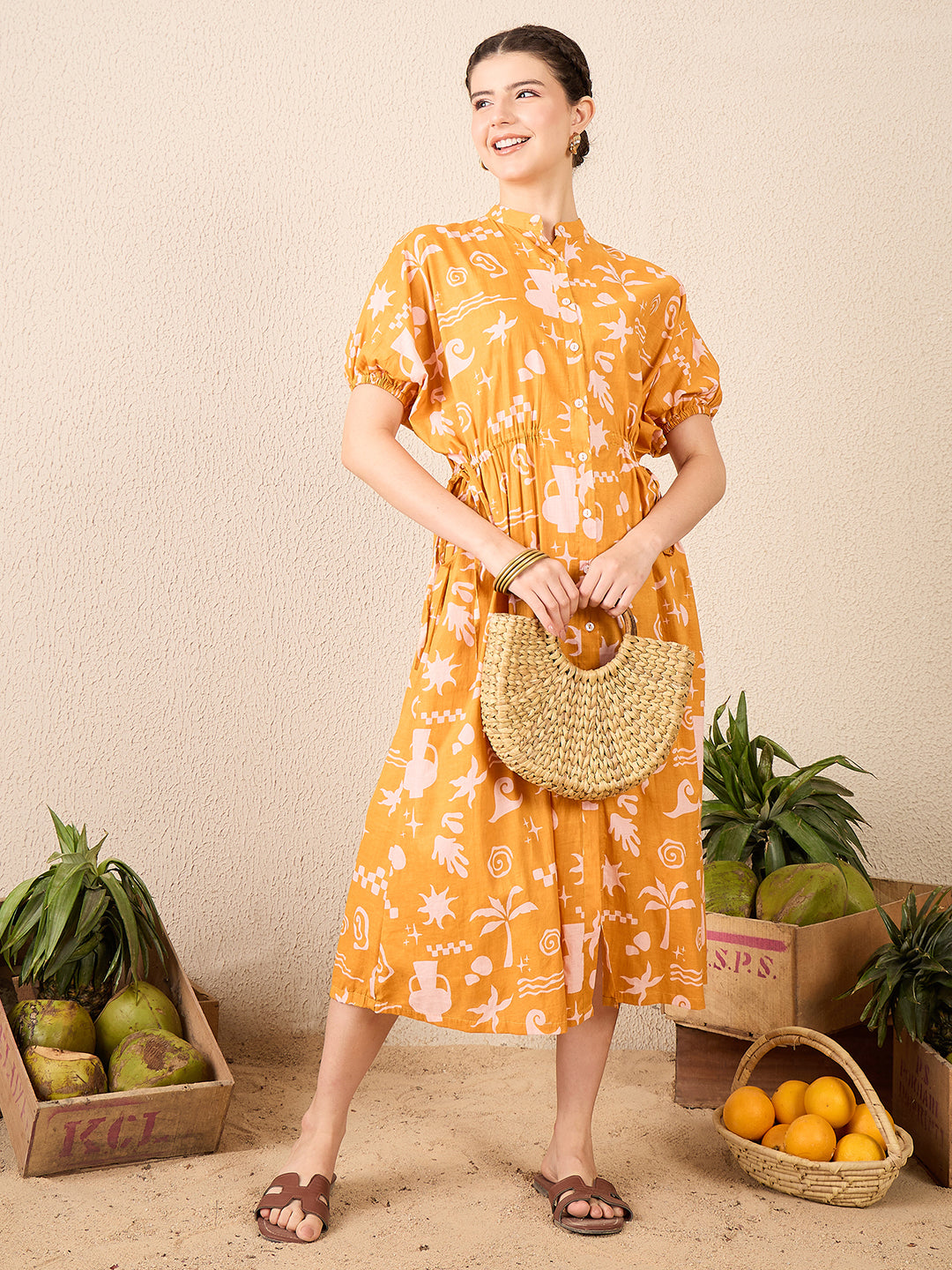 Cotton Side Waist Tie-Up Midi Dress - Pinkkup
