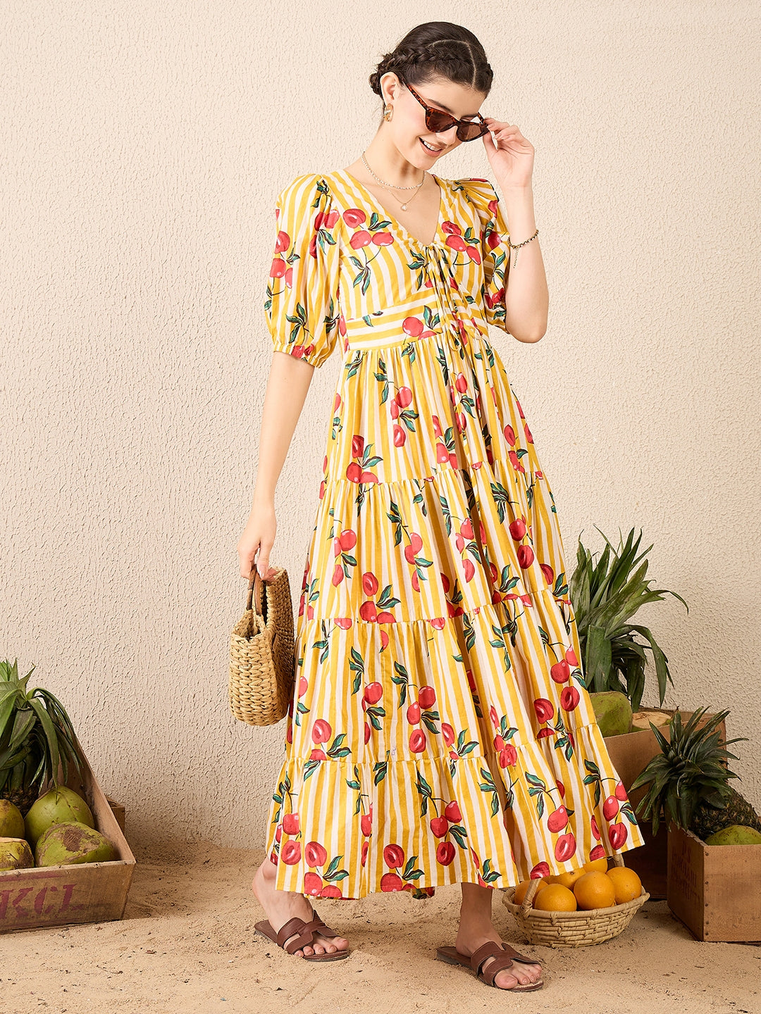 Pure Cotton Neck Tie Up Maxi Dress