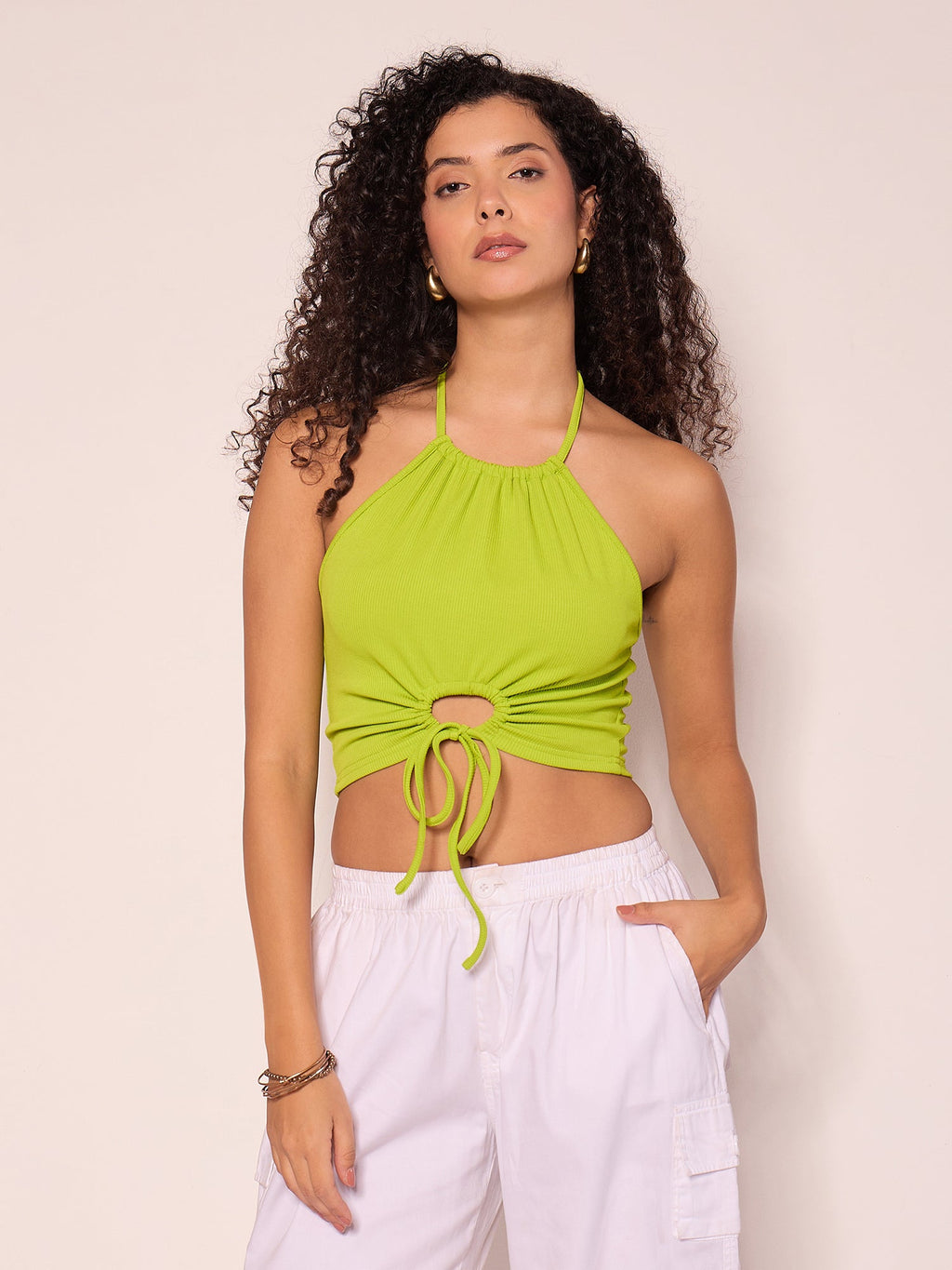 Stretchable Halter Strappy Cutout Ribbed Top - Pinkkup