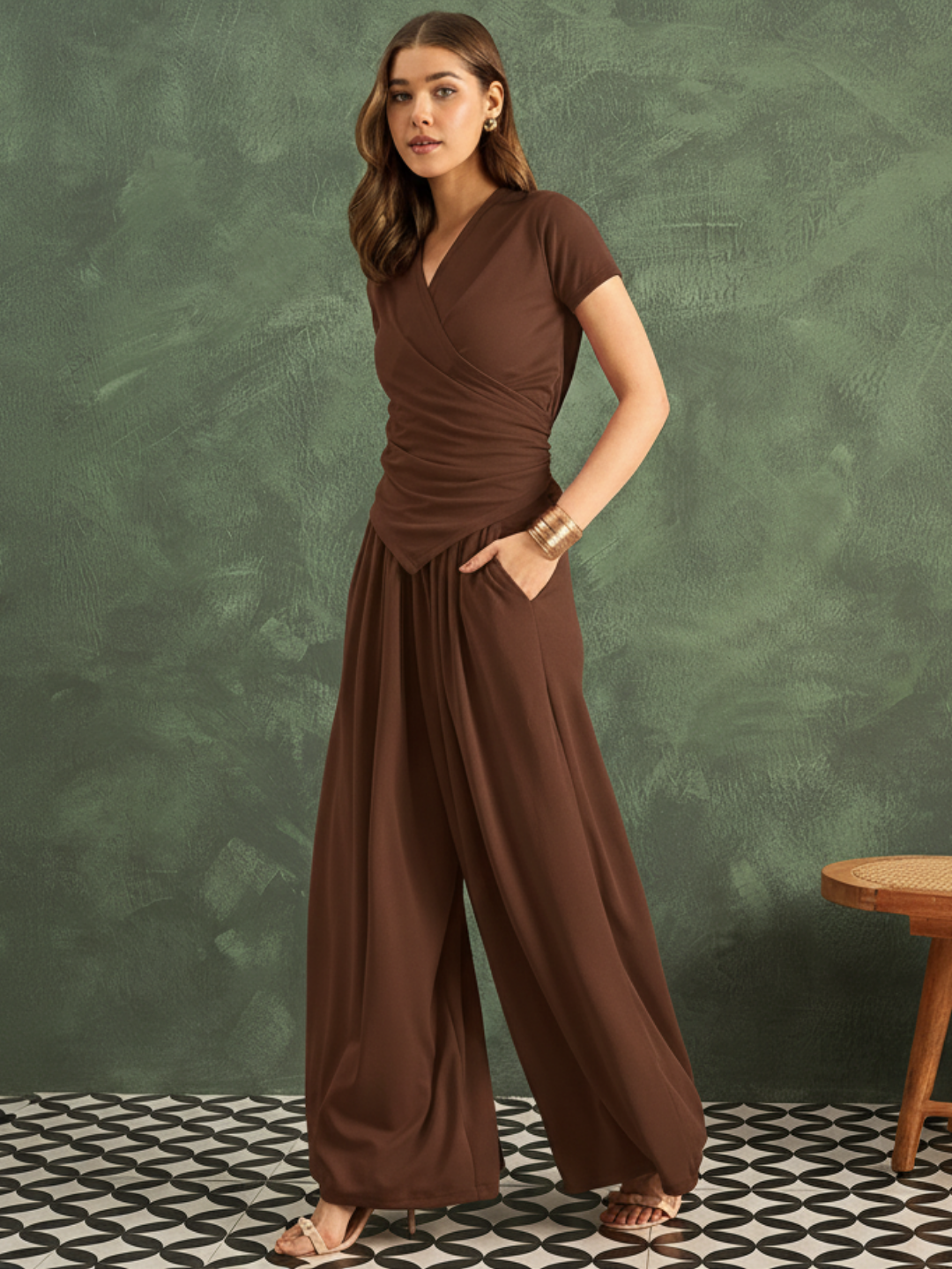 Stretchable Wrap Top & Flow Pants Co-Ord Set - Pinkkup