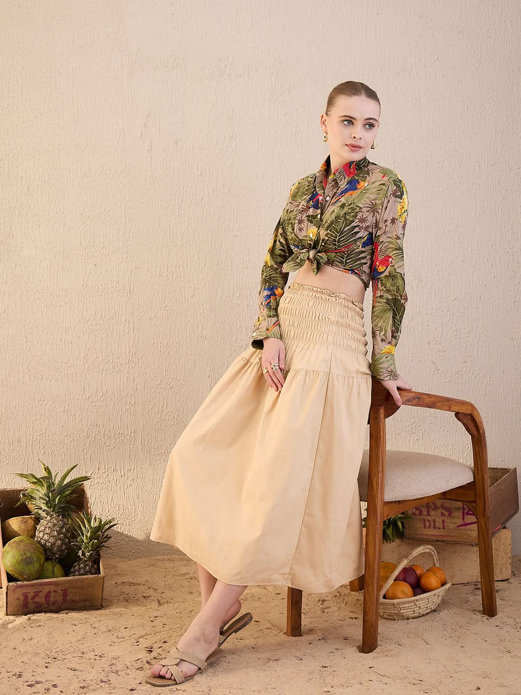 Smocked High-waist Cotton Midi Skirt