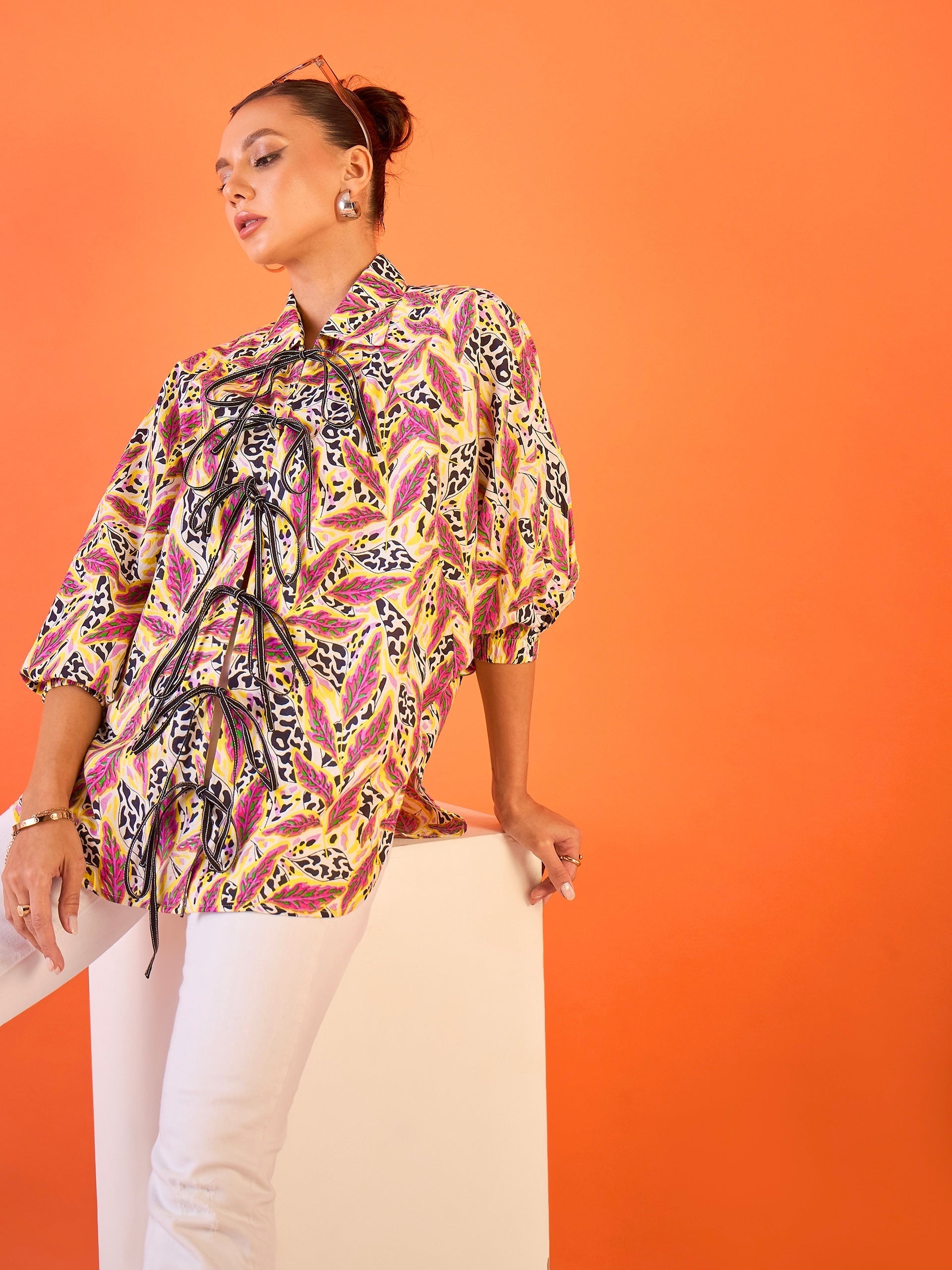 Printed Tie-Up Cotton Shirt - Pinkkup