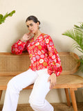 Printed Cotton Shirt with Balloon Sleeves - Pinkkup