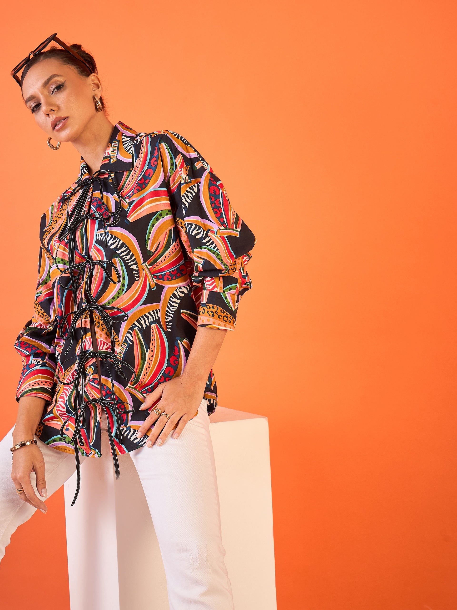 Printed Tie-Up Full Sleeve Cotton Shirt - Pinkkup